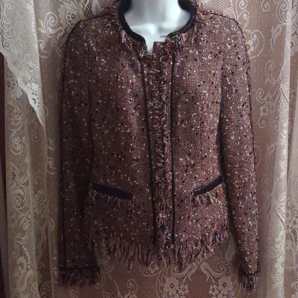New McGinn Women's Sz 4 Classic Jacket Brown Tweed fringe accent‎ Boho Chic